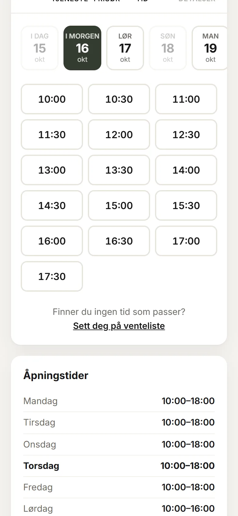 Bookingsiden på mobil: ledige tider for i morgen